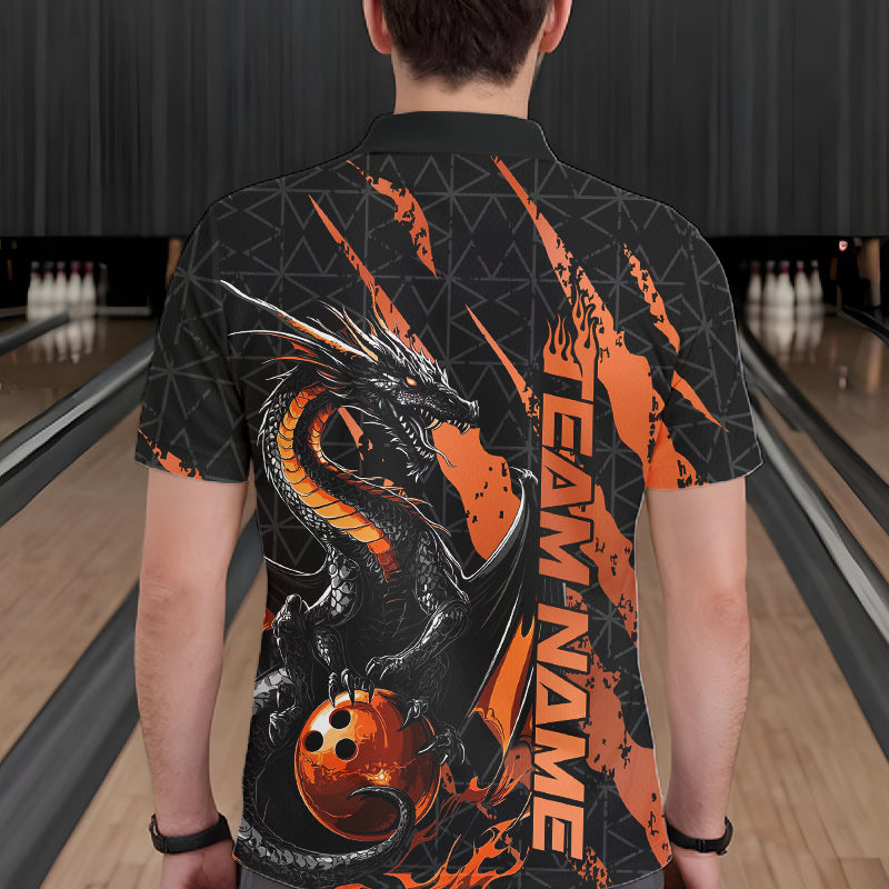 Custom Black And Orange Dragon Bowling Men Polo Shirts, Team Bowling Jerseys IPHW10748