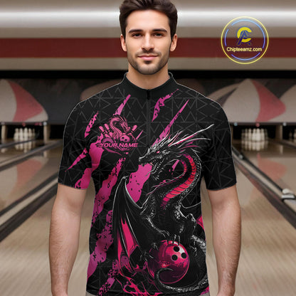 Custom Black And Pink Dragon Bowling Men Quarter-Zip Shirts, Team Bowling Jerseys IPHW10749