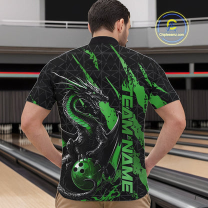 Custom Black And Green Dragon Bowling Men Quarter-Zip Shirts, Team Bowling Jerseys IPHW10750