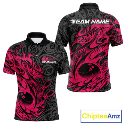Custom Black And Pink Tribal Polynesian Bowling Team Men Shirts, Niho Mano Bowling Shirt IPHW10755