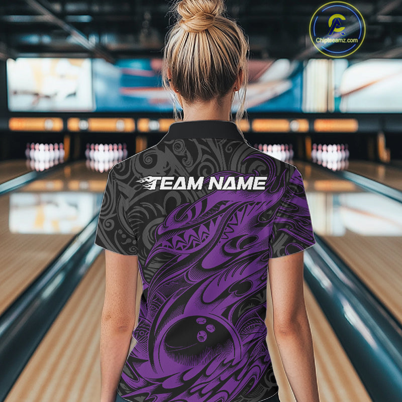 Custom Black And Purple Tribal Polynesian Bowling Team Women Shirts, Niho Mano Bowling Shirt IPHW10756