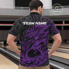 Load image into Gallery viewer, Custom Black And Purple Tribal Polynesian Bowling Team Men Shirts, Niho Mano Bowling Shirt IPHW10756