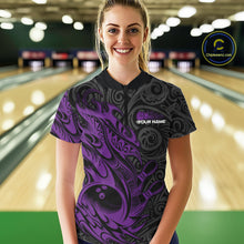 Load image into Gallery viewer, Custom Black And Purple Tribal Polynesian Bowling Women Shirts, Niho Mano Bowling Shirt IPHW10756
