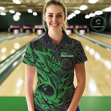 Load image into Gallery viewer, Custom Black And Green Tribal Polynesian Bowling Team Women Shirts, Niho Mano Bowling Shirt IPHW10757