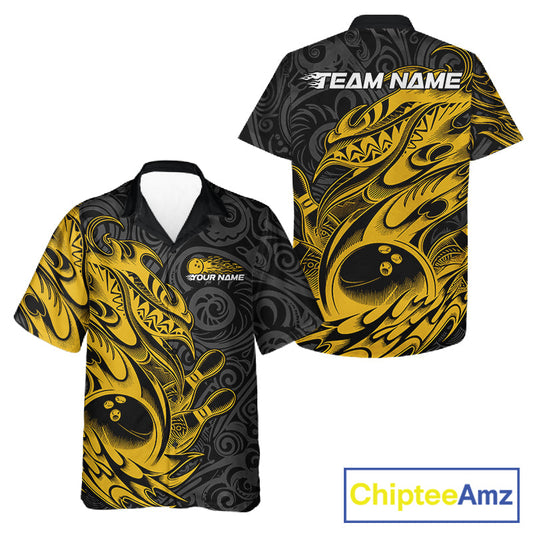 Custom Black And Yellow Tribal Polynesian Bowling Team Men And Women Shirts, Niho Mano Bowling Shirt IPHW10758