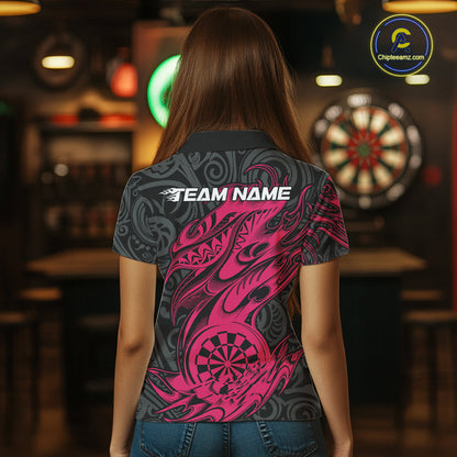 Custom Black And Pink Tribal Polynesian Dart Team Women Shirts, Niho Mano Dart Shirt IPHW10761