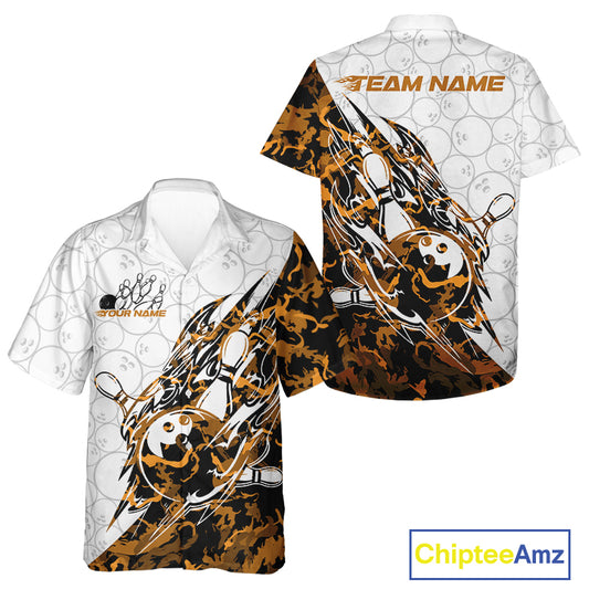 Front and back views of a white button-up bowling shirt showcasing bowling motifs with orange camo streak graphics and subtle ball patterns.