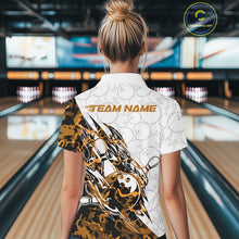 Load image into Gallery viewer, Back view of a female model in a white bowling polo shirt featuring orange camo streak accents and bowling motifs.