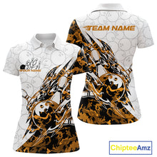Load image into Gallery viewer, Front and back views of a white womens bowling polo shirt showcasing bowling-themed graphics with sharp orange camo streaks.