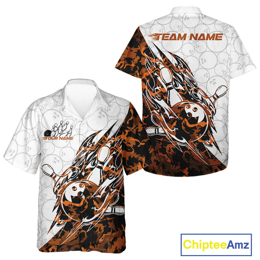 Front and back views of a white button-up bowling shirt displaying bowling ball and pin artwork with sharp yellow camo accents.
