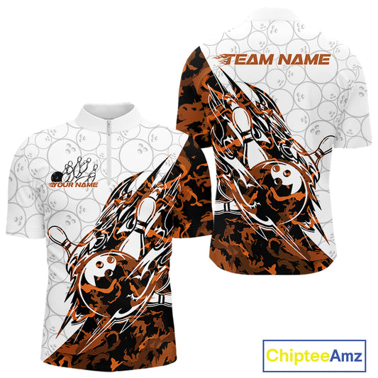 Front and back views of a white mens bowling quarter-zip shirt featuring bowling ball and pin artwork with sharp yellow camo streaks.