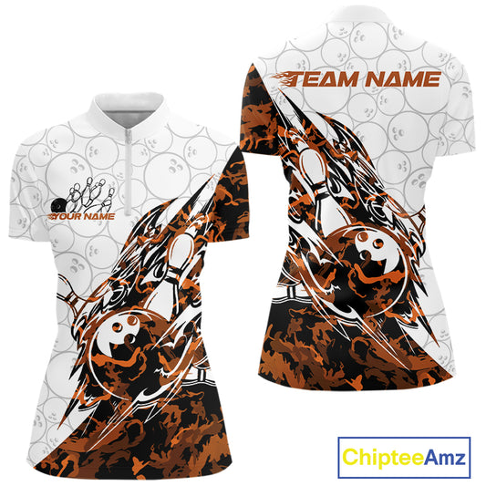Front and back views of a white womens bowling quarter-zip shirt showcasing bowling pins and a ball with sharp yellow camo streaks.