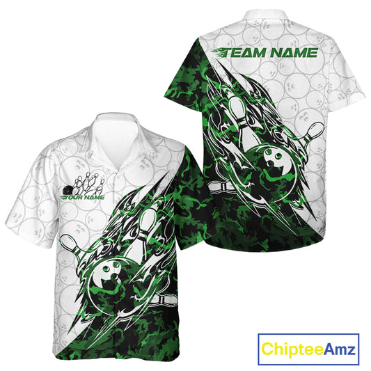 Front and back views of a white button-up bowling shirt featuring bowling graphics enhanced by green camo streak details and faint ball patterns.