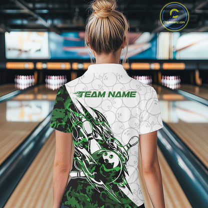 Back view of a female model in a white bowling polo shirt featuring green camo streak accents and bowling motifs.