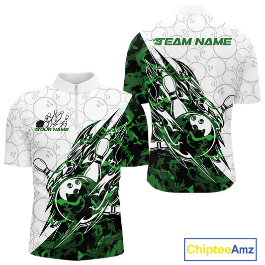 Front and back views of a white mens bowling quarter-zip shirt showcasing bowling pins and a ball with sharp green camo streaks.