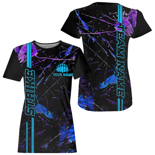 Custom Blue And Purple Strike Bowling T-Shirts For Women, Camo Bowling Team Jerseys IPHW6425