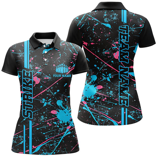 Custom Blue And Pink Strike Bowling Team Shirts, Camo Bowling League ladies Jerseys IPHW6430
