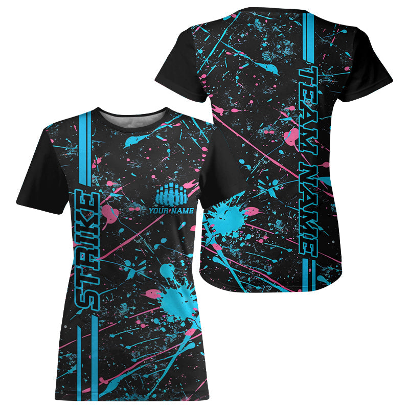 Custom Blue And Pink Strike Bowling Team Women T-Shirts Shirts, Camo Bowling League IPHW6430