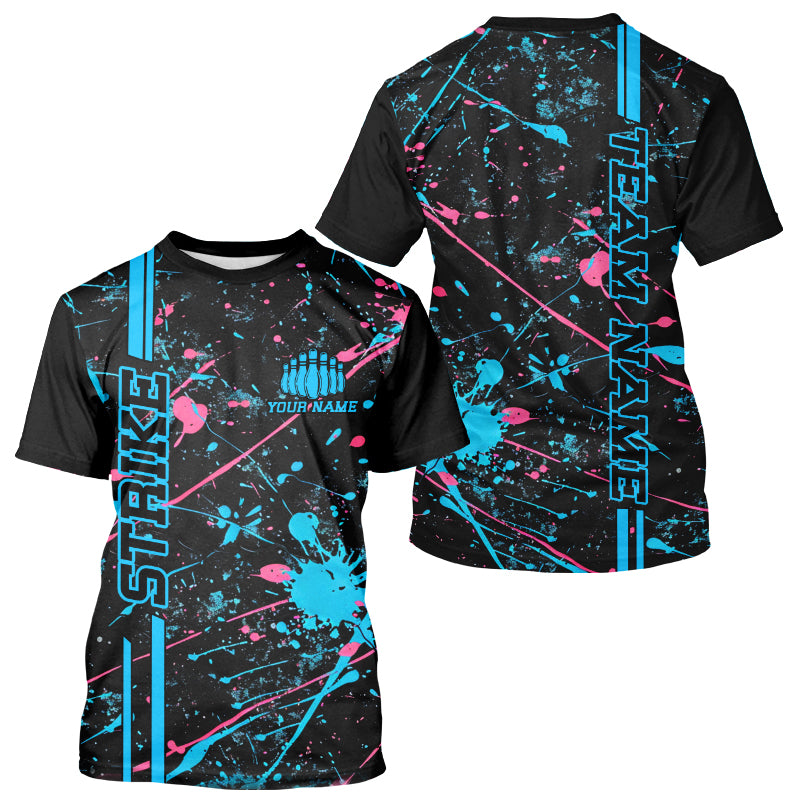 Custom Blue And Pink Strike Bowling Team Men T-Shirts Shirts, Camo Bowling League IPHW6430