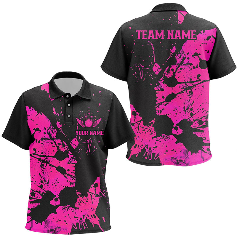Custom Name Black And Pink Bowling Team Polo Shirts For Kid, Bowling League Jerseys IPHW6433
