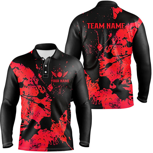 Custom Name Black And Red Splatter Bowling Team Men Long Sleeve Polo Shirts, Bowling League Jerseys IPHW6434