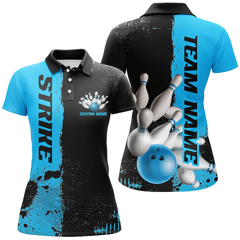 Black And Blue Strike Bowling Team Shirts For Women, Custom Bowling Jerseys For Bowlers IPHW6436