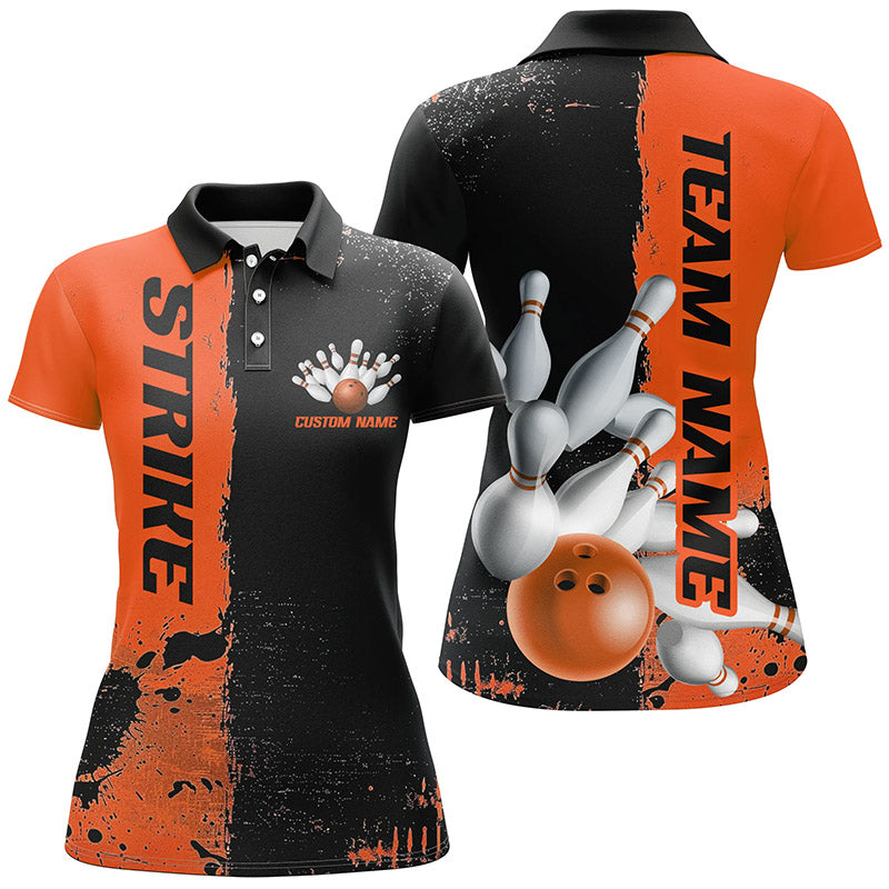 Black And Orange Strike Bowling Team Shirts For Women, Custom Bowling Jerseys For Bowlers IPHW6439