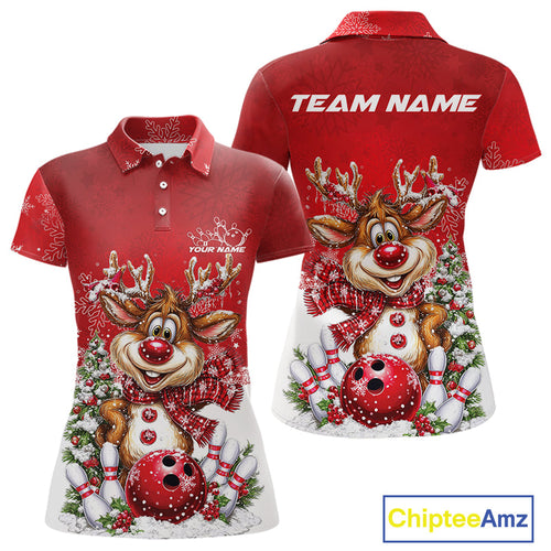 Custom Cute Funny Reindeer Christmas Bowling Women Polo Shirts, Xmas Team Bowling Outfit IPHW10115
