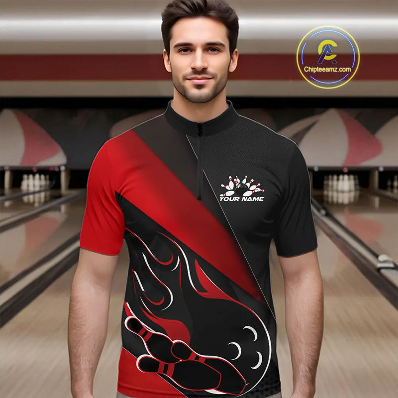 Custom Black And Red Flame Bowling Men Quarter-Zip Shirt, Team Bowling League Shirt IPHW10254