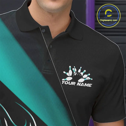 Custom Black And Turquoise Blue Flame Bowling Men Polo Shirt, Team Bowling League Shirt IPHW10255
