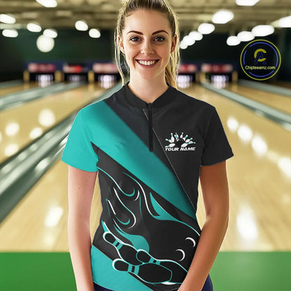 Custom Black And Turquoise Blue Flame Bowling Women Shirt, Team Bowling League Shirt IPHW10255