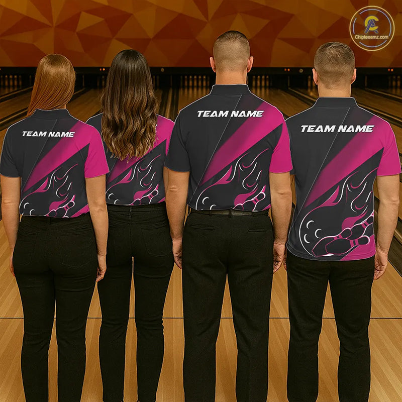 Custom Black And Pink Flame Bowling Men Polo Shirt, Team Bowling League Shirt IPHW10256