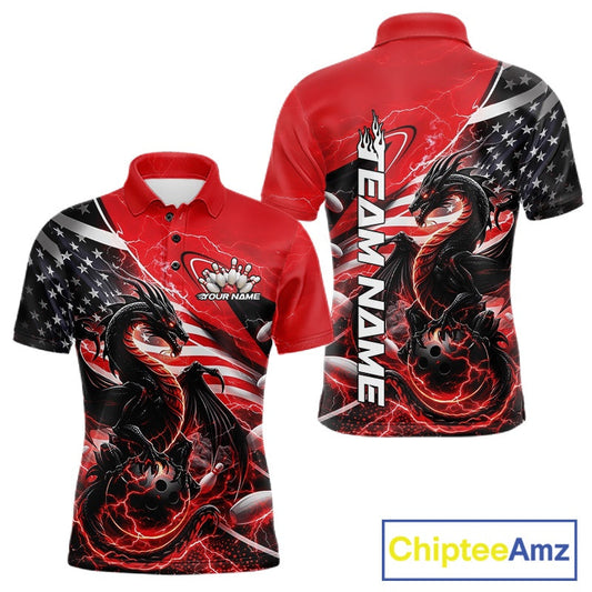 Custom Red Thunder Lightning Patriotic Dragon Bowling Shirts, Freedom US Flag Bowling Jerseys Bowlers Outfit IPHW10480
