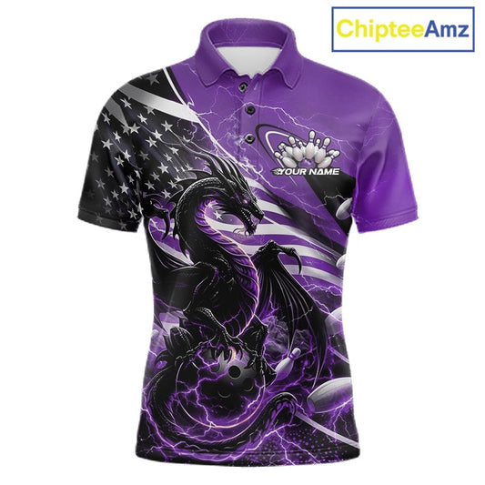 Custom Purple Thunder Lightning Patriotic Dragon Bowling Shirts, Freedom US Flag Bowling Jerseys Bowlers Outfit IPHW10485