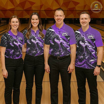 Custom Purple Thunder Lightning Patriotic Dragon Bowling Shirts, Freedom US Flag Bowling Jerseys Bowlers Outfit IPHW10485