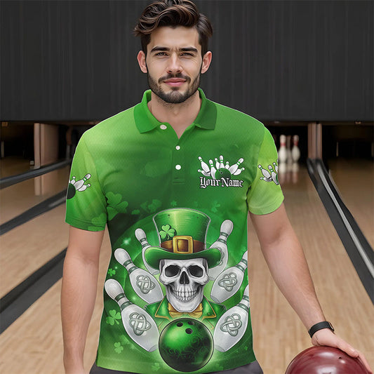 Custom Celtic St Patricks Day Bowling Polo Team Shirts For Men, Shamprock Skull Bowling Shirt IPHW8589