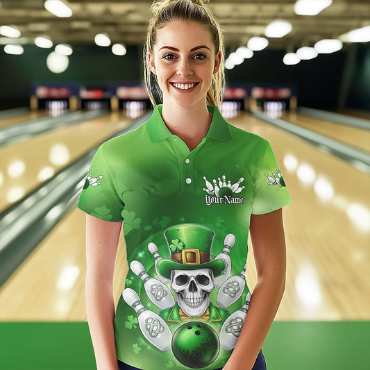 Custom Celtic St Patricks Day Bowling Polo Shirts For Women, Shamprock Skull Bowling Shirt IPHW8589
