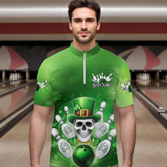 Custom Celtic St Patricks Day Bowling Quarter-Zip Team Shirts For Men, Shamprock Skull Bowling Shirt IPHW8589