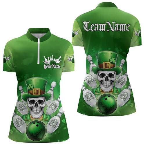 Custom Celtic St Patricks Bowling Womens Quarter-Zip Shirts, Shamprock Skull Bowling Shirt IPHW8589