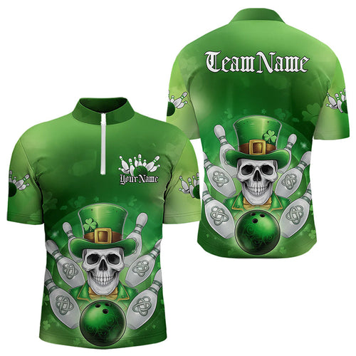 Custom Celtic St Patricks Day Bowling Quarter-Zip Team Shirts For Men, Shamprock Skull Bowling Shirt IPHW8589