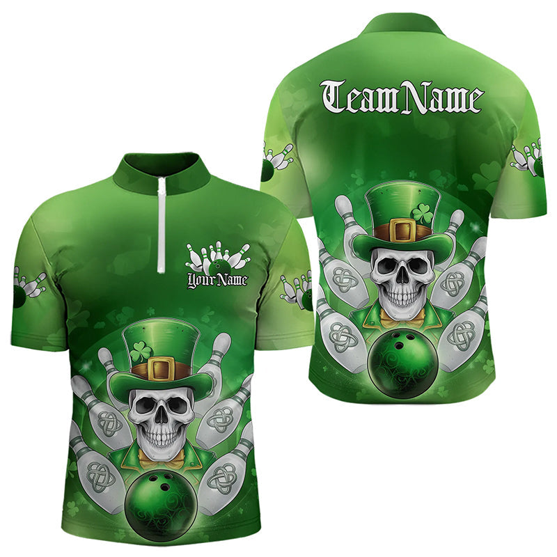 Custom Celtic St Patricks Day Bowling Quarter-Zip Team Shirts For Men, Shamprock Skull Bowling Shirt IPHW8589