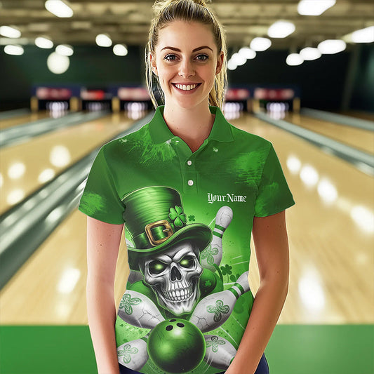 Custom Green Leprechaun Skull St Patricks Bowling Polo Shirt For Women, Lucky Bowling Shirt IPHW8595