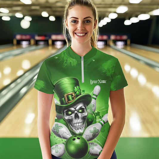 Custom Green Leprechaun Skull St Patricks Bowling Womens Quarter-Zip Shirt, Lucky Shirt IPHW8595