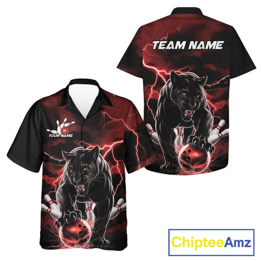 Red Thunder Lightning Custom Panther Men And Women Bowling Hawaiian Shirts, Panther Bowling Jerseys IPHW10790