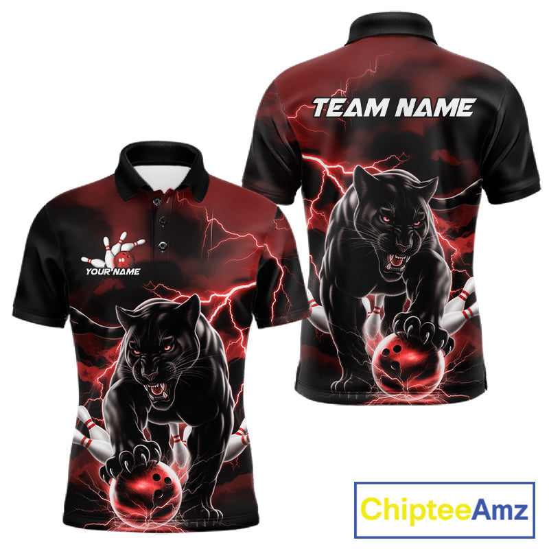 Red Thunder Lightning Custom Panther Men Bowling Polo Shirts, Panther Bowling Jerseys IPHW10790