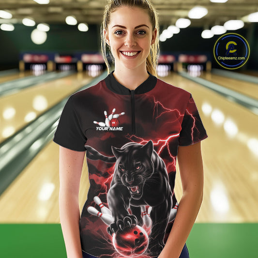 Red Thunder Lightning Custom Panther Women Bowling Shirts, Panther Bowling Jerseys IPHW10790