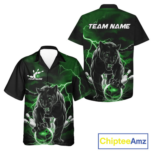 Green Thunder Lightning Custom Panther Men And Women Bowling Hawaiian Shirts, Panther Bowling Jerseys IPHW10793