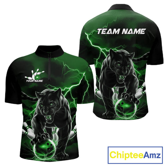 Green Thunder Lightning Custom Panther Men Bowling Quarter-Zip Shirts, Panther Bowling Jerseys IPHW10793