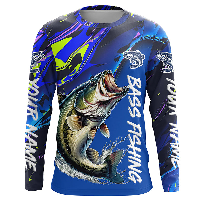 Personalized Largemouth Bass Long Sleeve Tournament Fishing Shirts, Water Camo Bass Fishing Jerseys IPHW6094