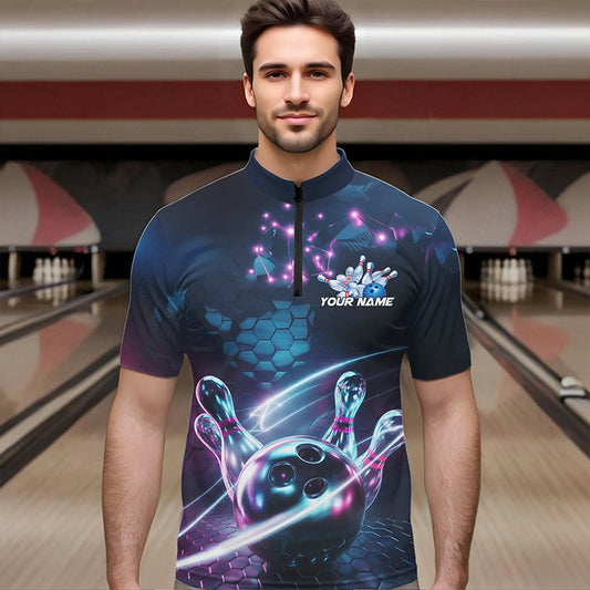 Custom Hexagon Holographic Bowling Team Men Quarter-Zip Shirts, Galaxy Bowling League Shirt IPHW8903